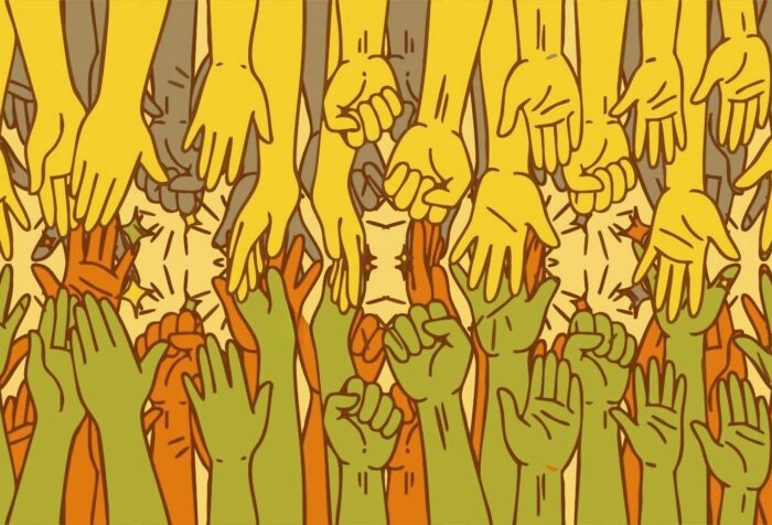 A drawing of crowds of yellow, gray, orange, and green hands reaching out to each other.