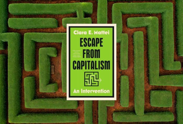 A green maze in the background. Lime green book cover of "Escape from Capitalism by Clara E. Mettei" in the foreground.