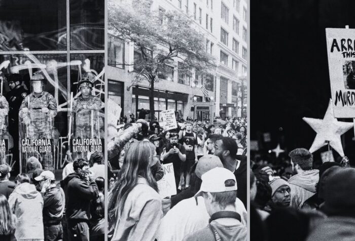 Black and white photos of protests.