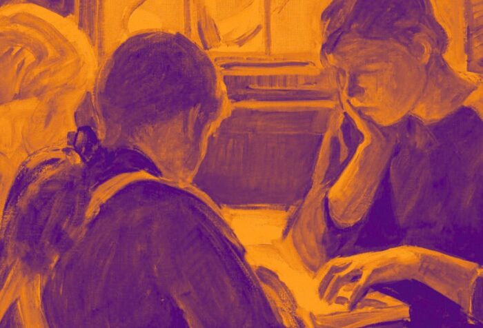 A painting of three people sitting face to face over a table, looking down at a book.