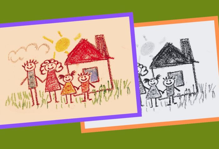 A drawing of a family in front of a house.