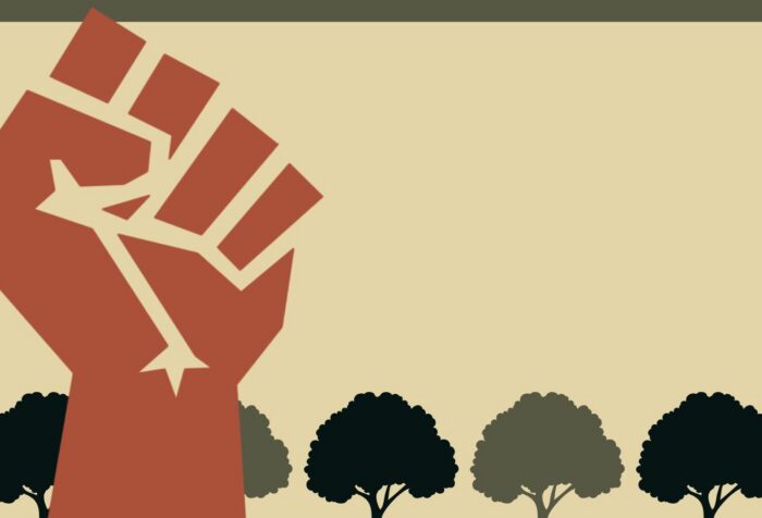A graphic of a red fest against the silhouettes of trees.