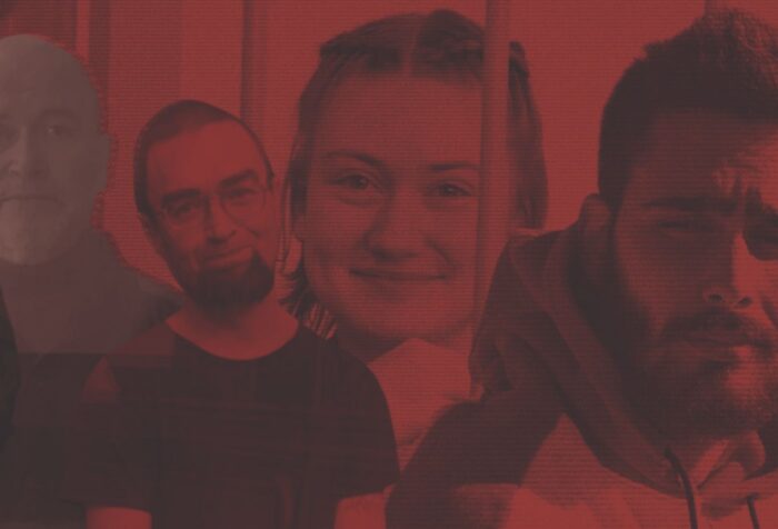 A composite of photos of Bohdan Ziza, Darya Kozyreva, Igor Paskar and Andrei Trofimov with a red filter.