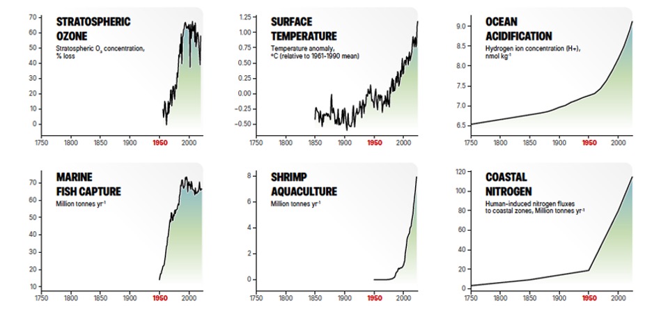Graphs showing a drastic increase after 1980 in stratospheric ozone, surface temperature, ocean acidification, marine fish capture, shrimp aquaculture, and coastal nitrogen.