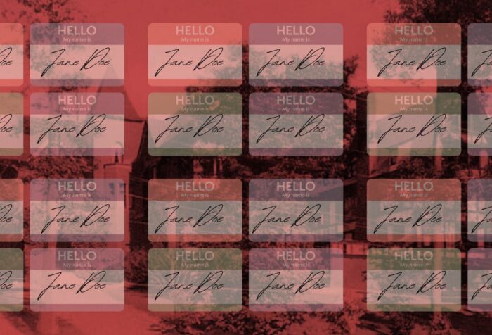 An image of Cornell University with the name tag "Hello my name is Jane Doe" in a repeated pattern across it.