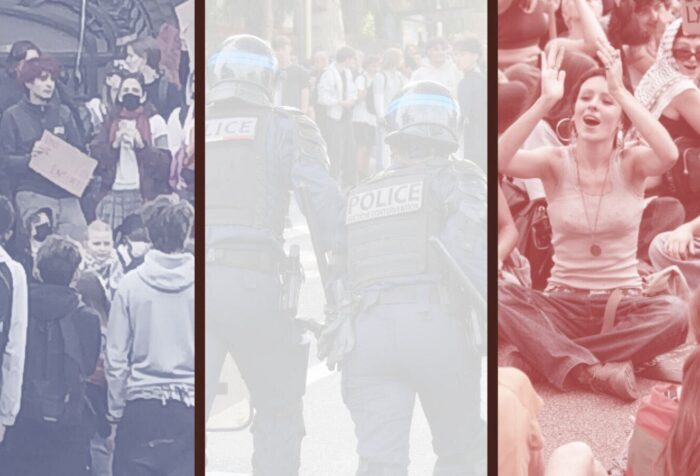 Three photos from the French protests are overlayed onto the flag of France.