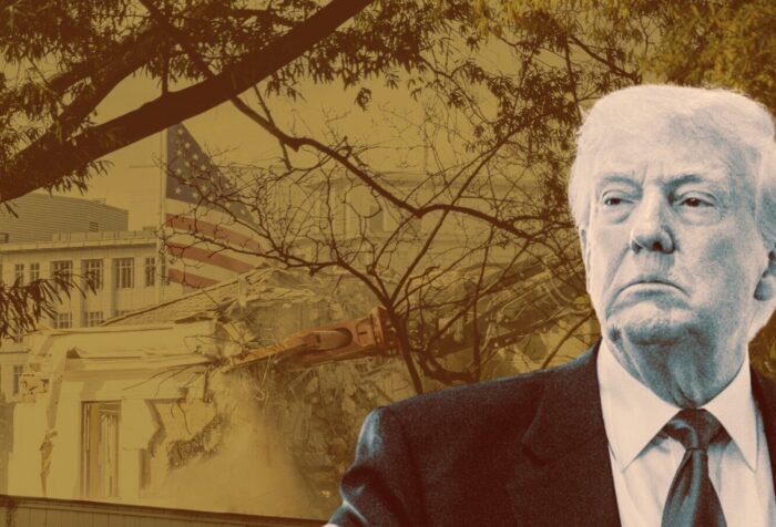 A photo of Trump overlayed with a photo of the white house's east wing demolition.
